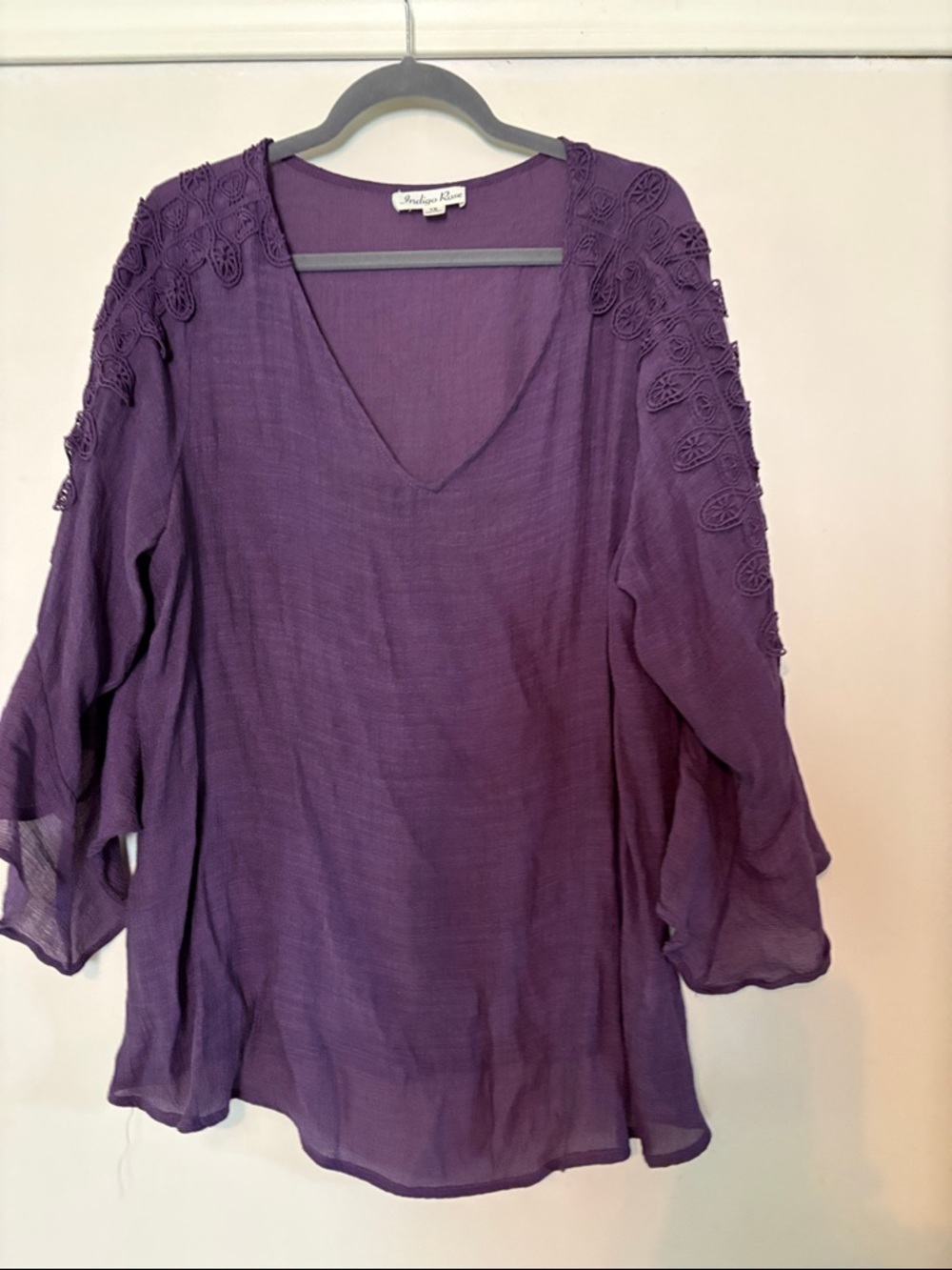 Women's Purple V-Neck Tunic with Embroidered Shoulders